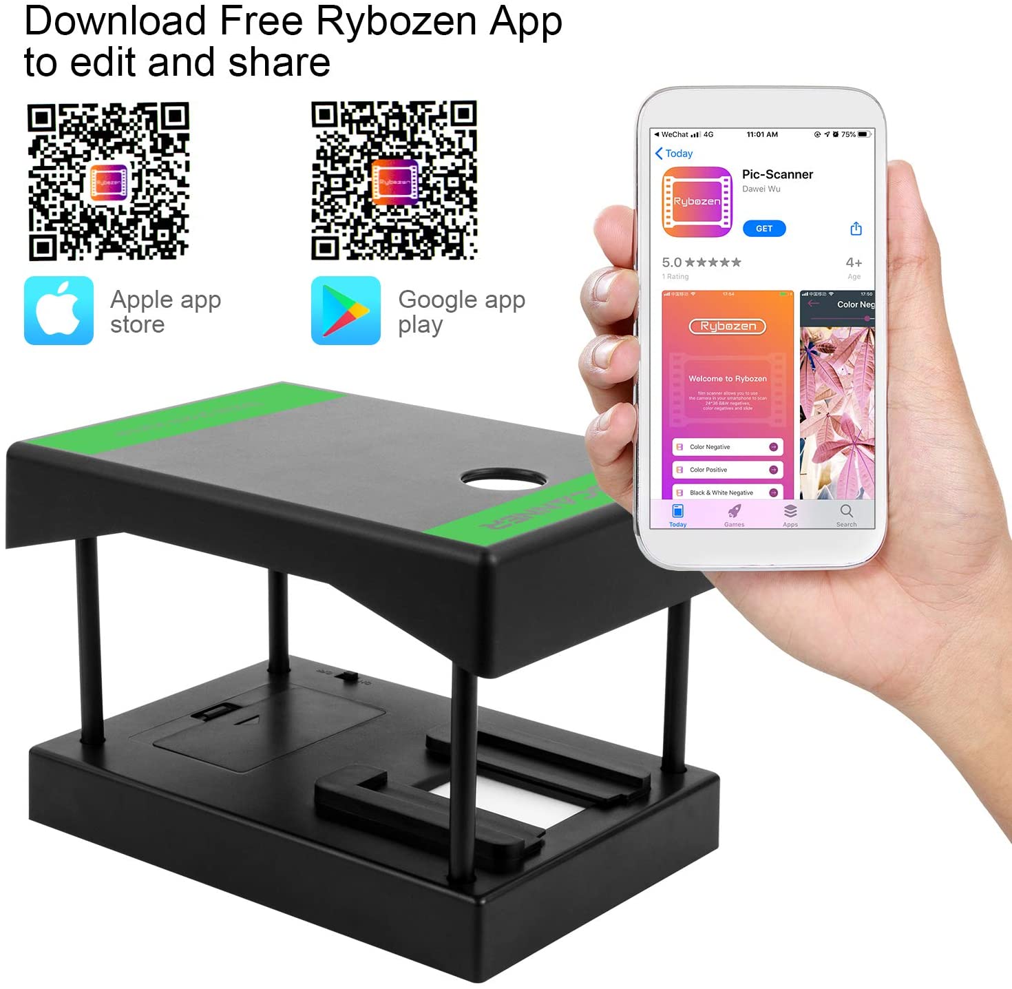 Rybozen Mobile Film and Slide Scanner, Converts 35mm Slides & Negatives into Digital Photos with Your Smartphone Camera, Interesting Presents and Toys with LED Backlight（2AA Batteries not Included