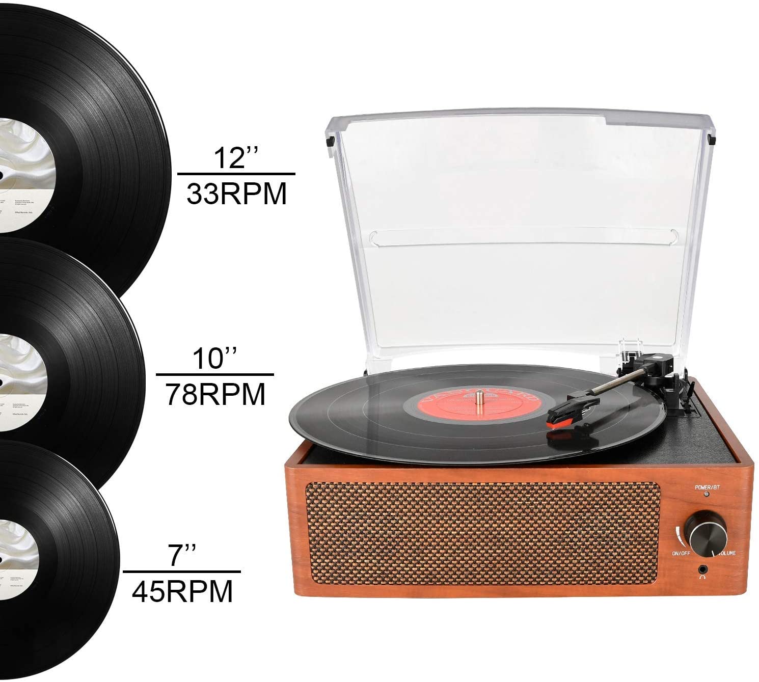 Mersoco Bluetooth Record Player Belt-Driven 3-Speed Turntable, Vintage Vinyl  Record Players Built-in Stereo Speakers, with Headphone Jack/Aux Input/RCA  Line Out, Wooden: : Electronics & Photo
