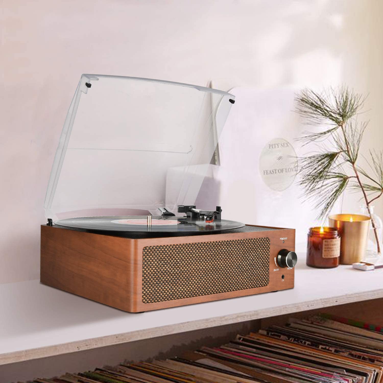 Vinyl record player with built sales in speakers