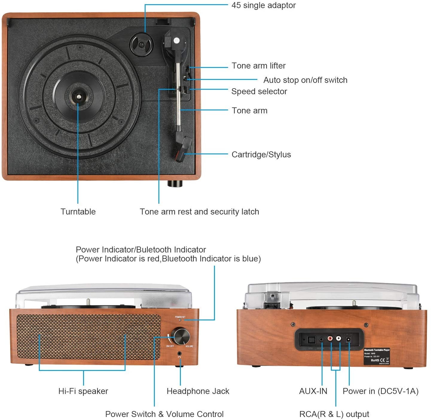 DIGITNOW Bluetooth Record Player Belt-Driven 3-Speed Turntable, Vintage Vinyl Record Players Built-in Stereo Speakers, with Headphone Jack/ Aux Input/ RCA Line Out, Wooden