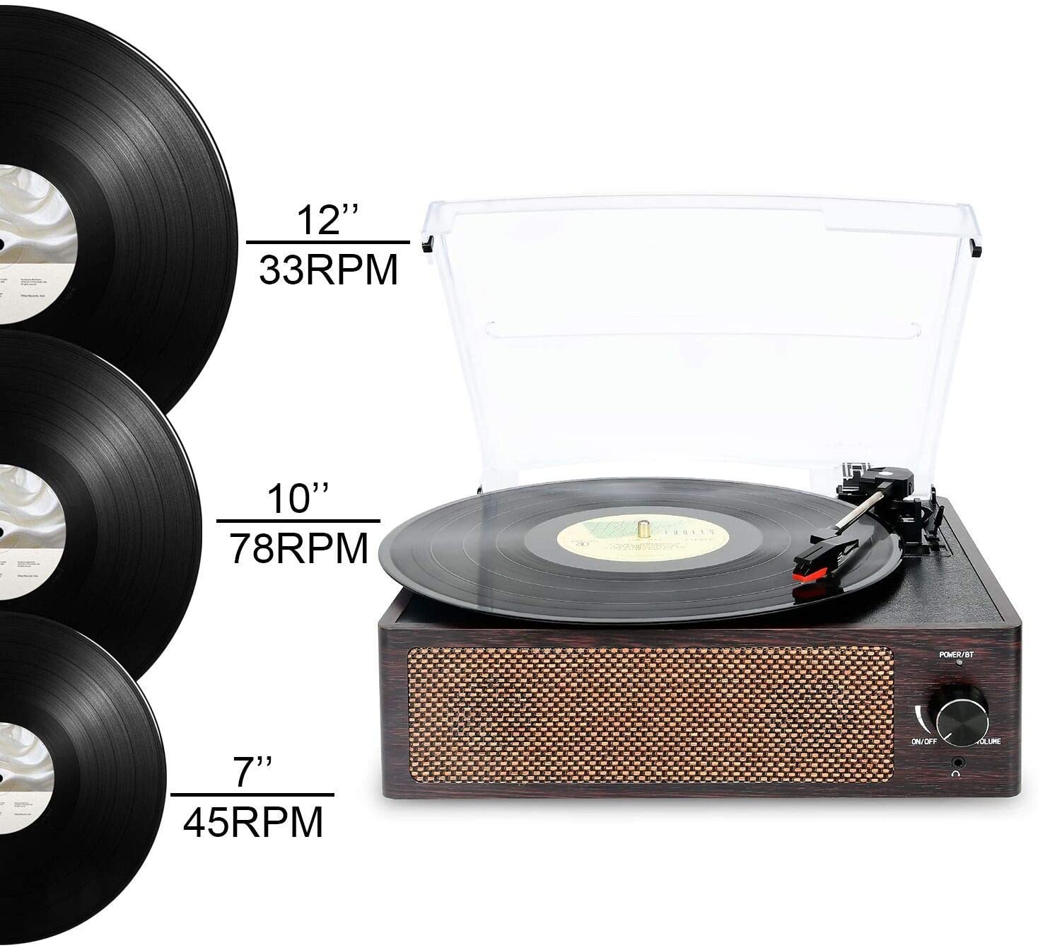 DIGITNOW Bluetooth Record Player Belt-Driven 3-Speed Turntable, Vintage Vinyl Record Players Built-in Stereo Speakers, with Headphone Jack/ Aux Input/ RCA Line Out, Brown Wooden