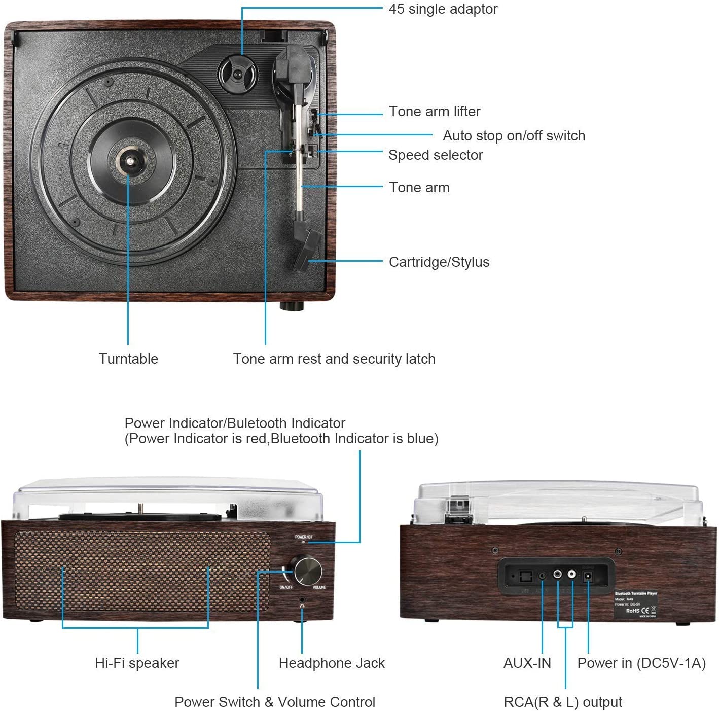 DIGITNOW Bluetooth Record Player Belt-Driven 3-Speed Turntable, Vintage Vinyl Record Players Built-in Stereo Speakers, with Headphone Jack/ Aux Input/ RCA Line Out, Brown Wooden