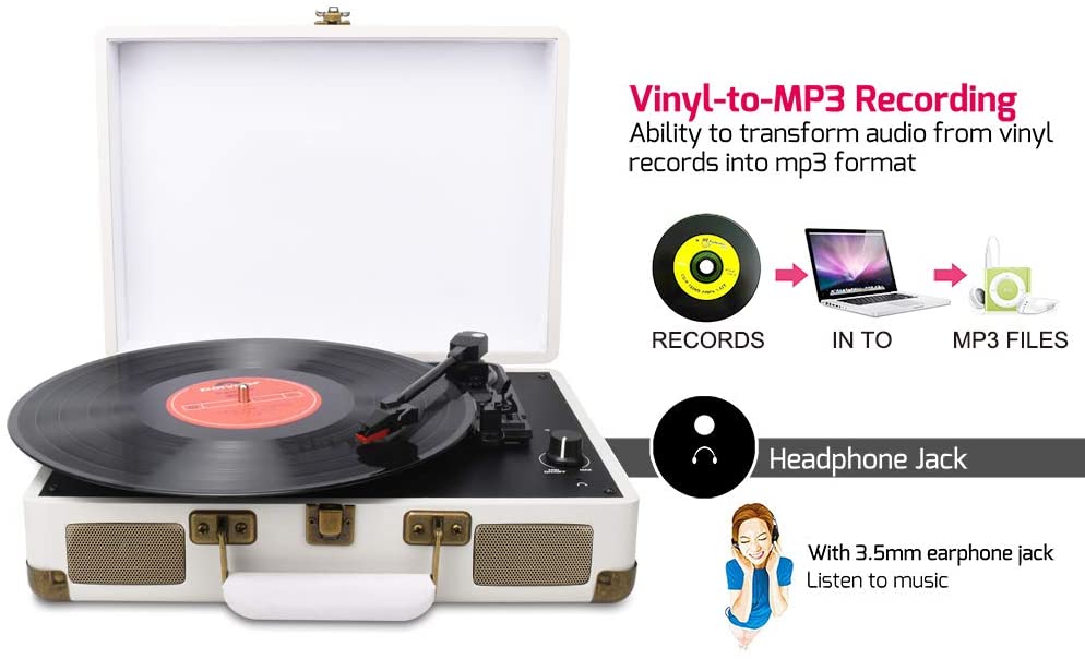 DIGITNOW! Turntable Record Player 3speeds with Built-in Stereo Speakers, Supports USB/RCA Output/Headphone Jack / MP3 / Mobile Phones Music Playback,Suitcase Design