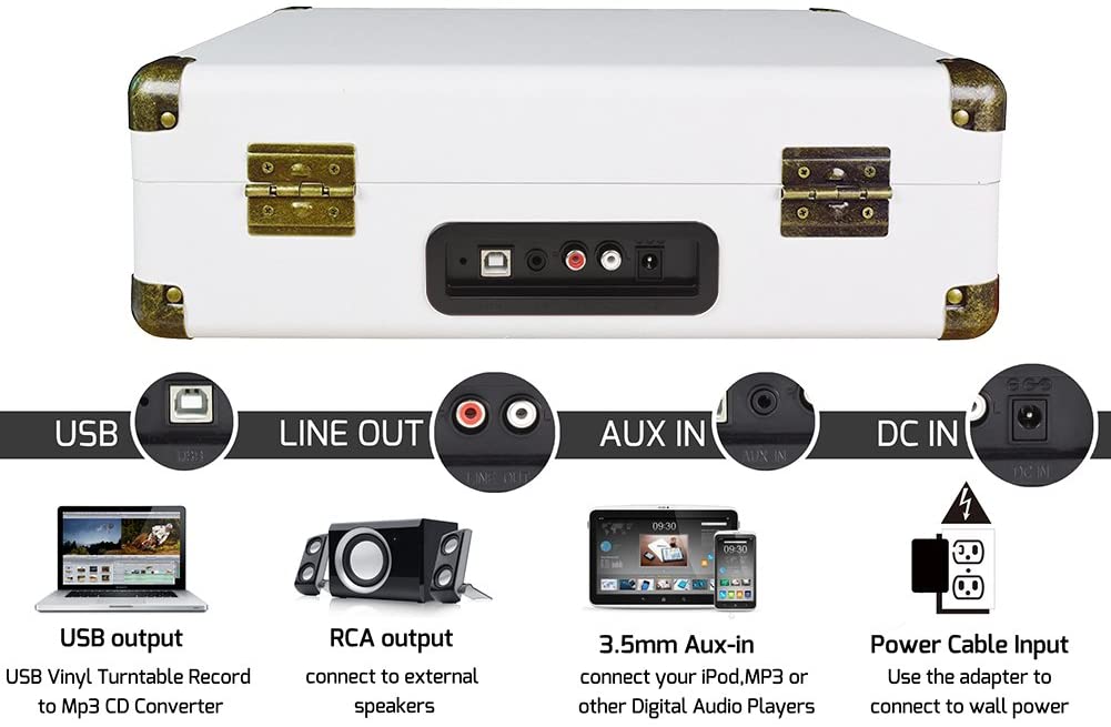 DIGITNOW! Turntable Record Player 3speeds with Built-in Stereo Speakers, Supports USB/RCA Output/Headphone Jack / MP3 / Mobile Phones Music Playback,Suitcase Design