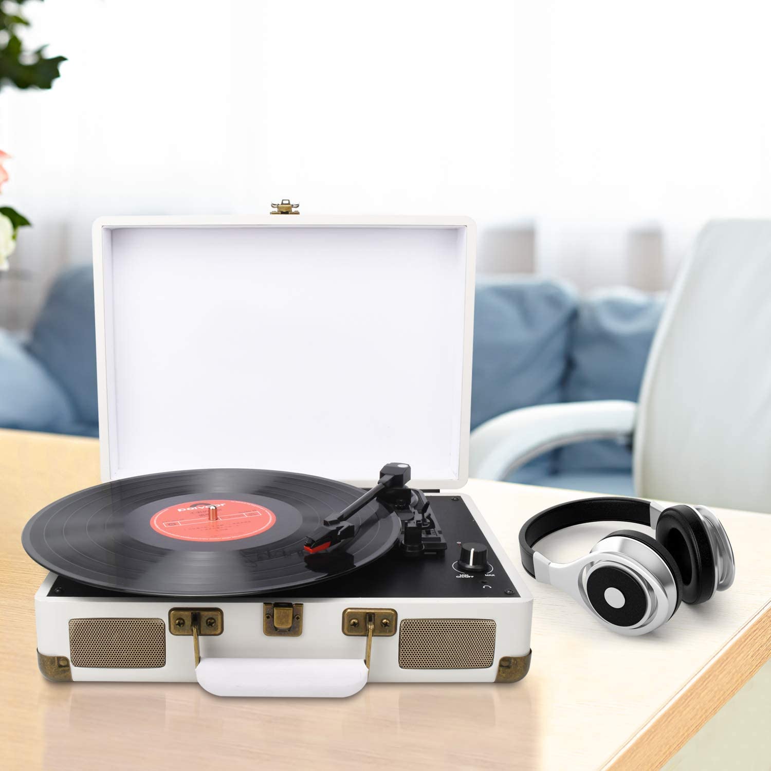DIGITNOW! Turntable Record Player 3speeds with Built-in Stereo Speakers, Supports USB/RCA Output/Headphone Jack / MP3 / Mobile Phones Music Playback,Suitcase Design