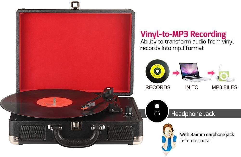 DIGITNOW Turntable Record Player 3speeds with Built-in Stereo Speakers, Supports USB / RCA Output / Headphone Jack / MP3 / Mobile Phones Music Playback,Suitcase Design(Black)
