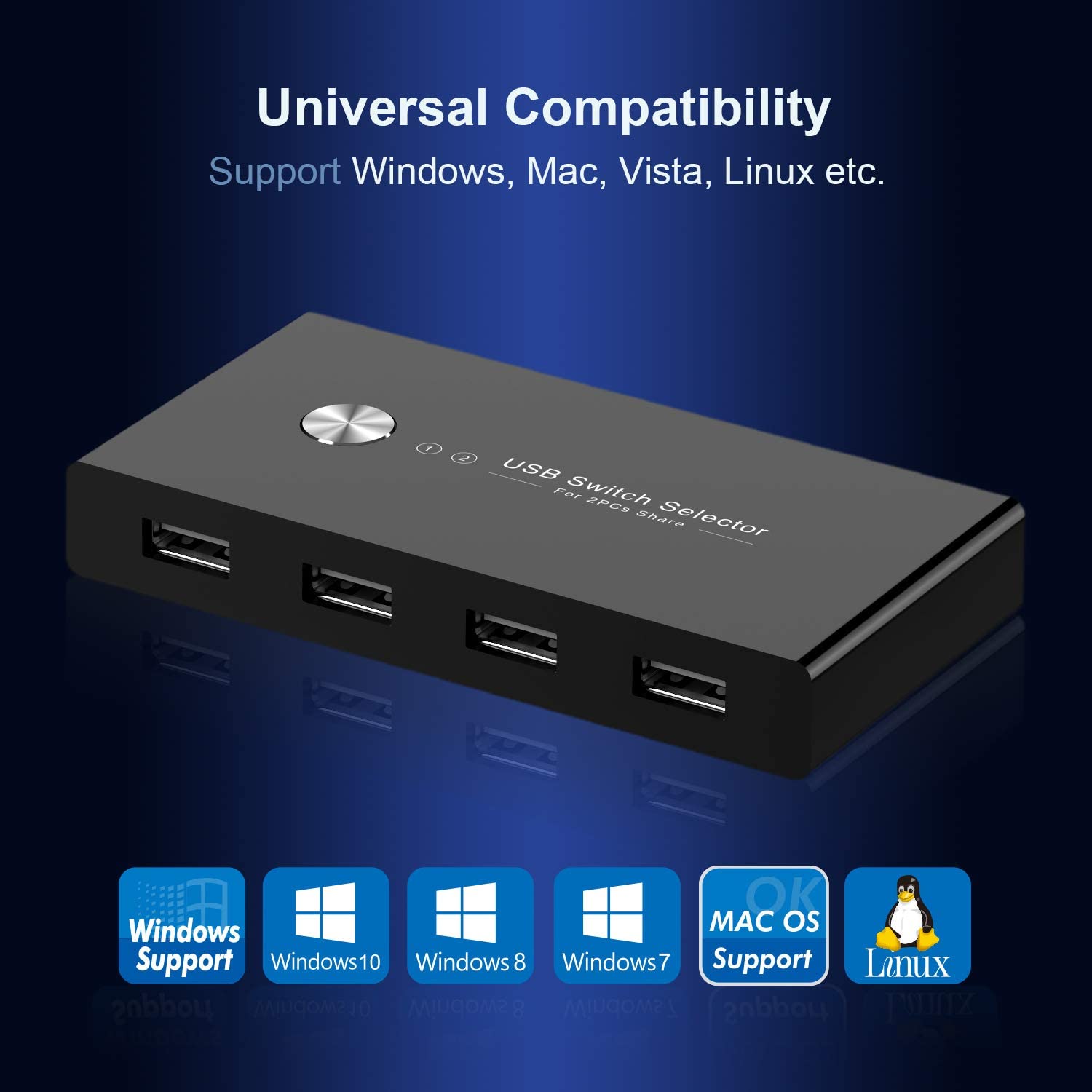 Rybozen USB Switch Selector, USB 2.0 Switcher for 2 PC Sharing 4 USB Devices, One-Button Swapping for Keyboard, Mouse, Scanner, Printer, Computer with 2 Pack USB A to A Cable