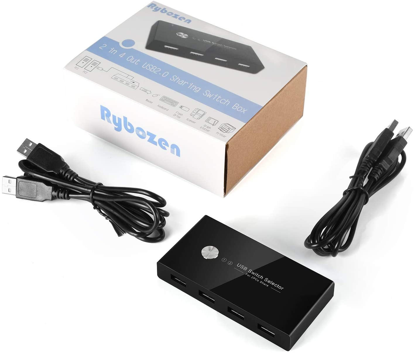 Rybozen USB Switch Selector, USB 2.0 Switcher for 2 PC Sharing 4 USB Devices, One-Button Swapping for Keyboard, Mouse, Scanner, Printer, Computer with 2 Pack USB A to A Cable