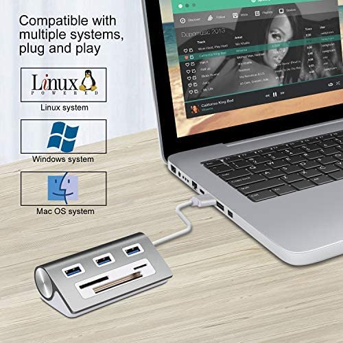 Rybozen 6-in-1 USB 3.0 Card Reader, Aluminum Data USB 3.0 Hub with 3 High-Speed Ports and 1 CF/SD/TF Card Reader, 12" USB Cable for Mac Pro, iMac, MacBook, Laptop and Desktop PC