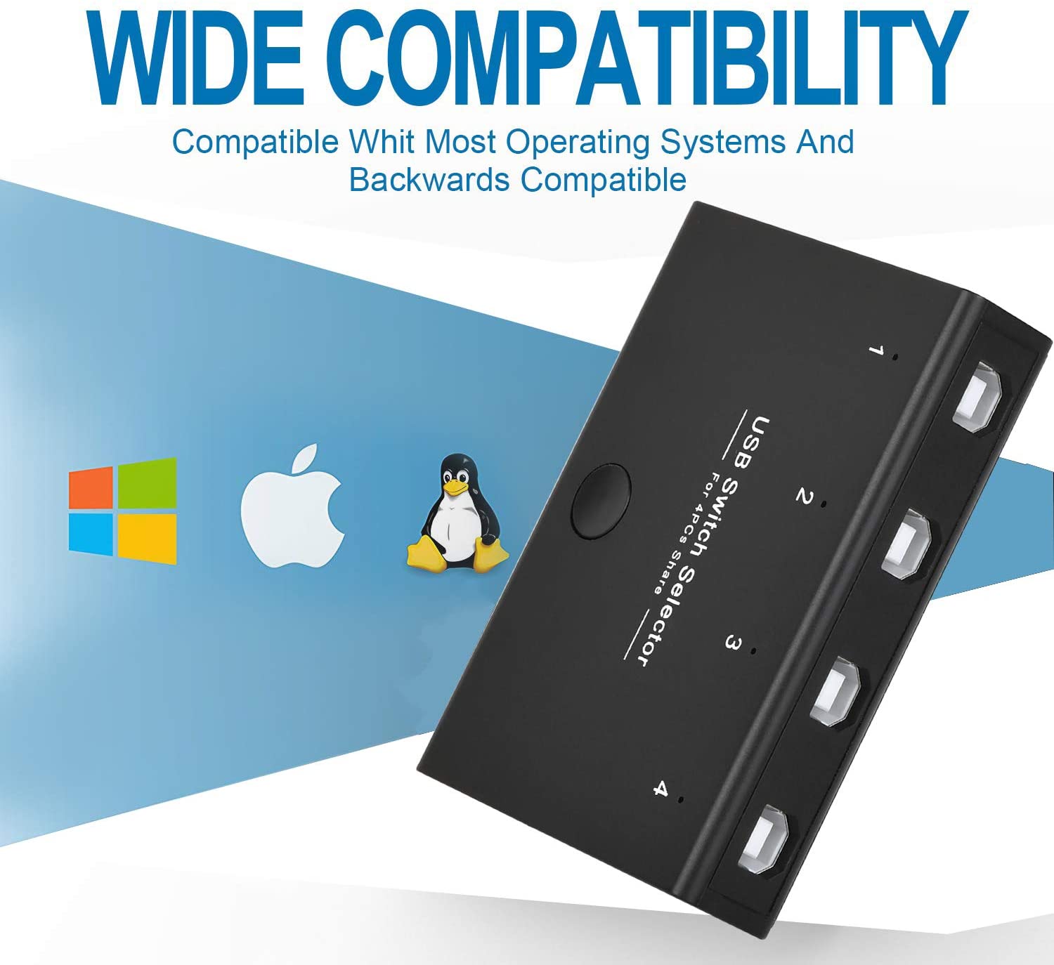 Rybozen USB Switch Selector, KVM Switcher for 4 PC Sharing 3 USB Devices, One-Button Swapping for Keyboard, Mouse, Scanner, Printer, Computer, with 4 USB Cables