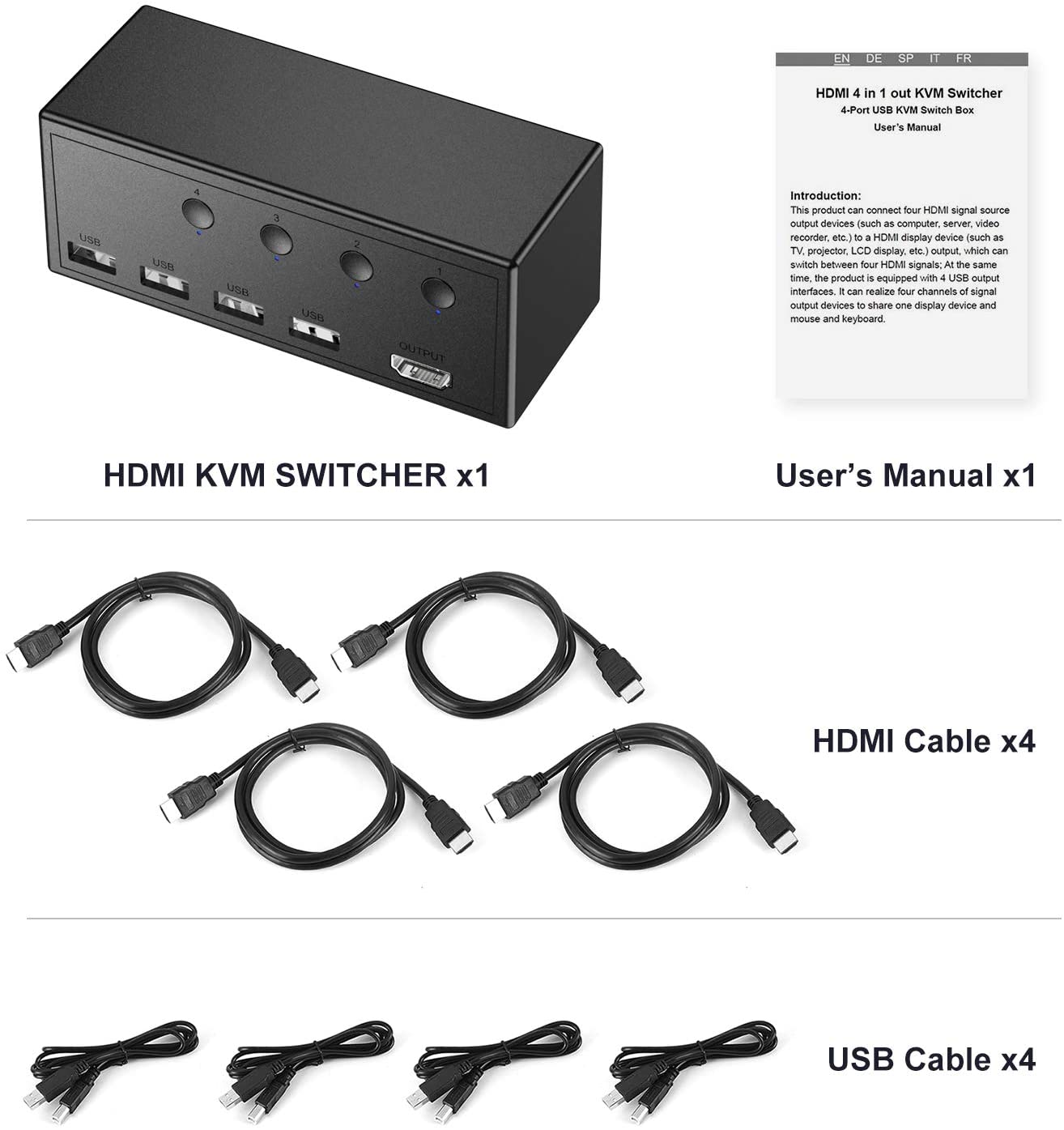 Rybozen 4 Ports HDMI KVM Switch Box, 4 USB 2.0 Hub, UHD 4Kx2K @30Hz & 3D & 1080P Supported and Wireless Keyboard Mouse, Share 4 Computers with one Keyboard Mouse and HD Monitor, with 4 USB-B and HDMI 