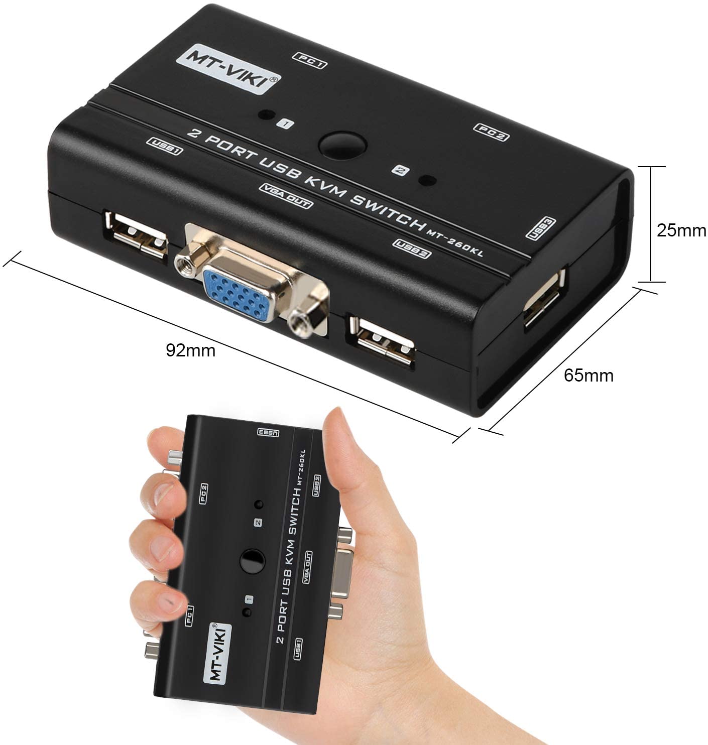 Rybozen 2 Port USB VGA KVM Switch with 2 Cables, Selector Switcher for 2PC Sharing One Video Monitor and 3 USB Devices, Keyboard, Mouse, Scanner, Printer