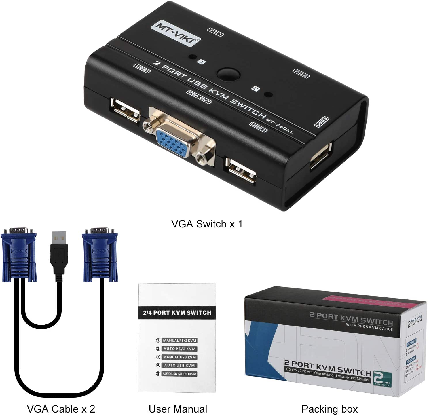 Rybozen 2 Port USB VGA KVM Switch with 2 Cables, Selector Switcher for 2PC Sharing One Video Monitor and 3 USB Devices, Keyboard, Mouse, Scanner, Printer