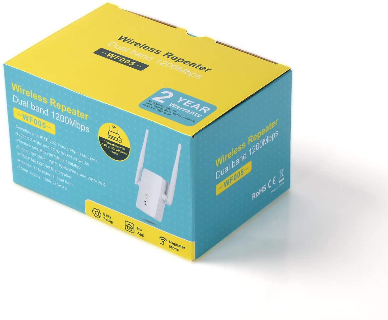 WiFi Range Extender, 2.4 & 5GHz Dual Band High Speed up to 1200 Mbps WiFi Repeater Wireless Signal Booster, Wide Coverage Eliminate WiFi Dead Zones, Support WPS 1 Button Setup with 2 External Antennas