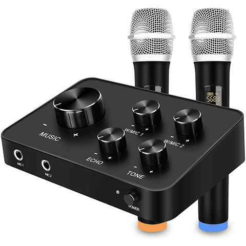 Portable Karaoke Microphone Mixer System Set, with Dual UHF Wireless Mic, HDMI & AUX In/Out for Karaoke, Home Theater, Amplifier, Speaker