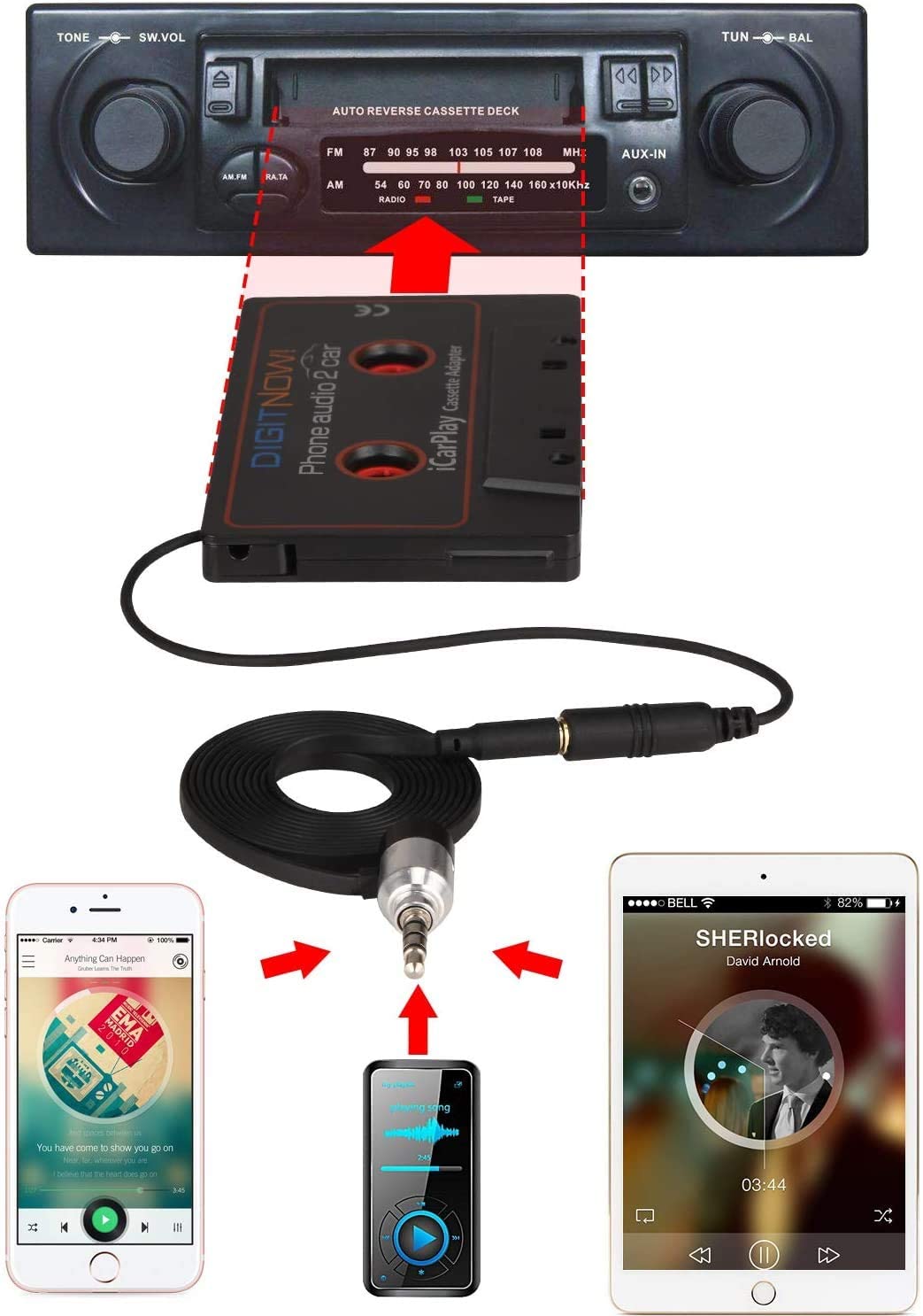 DIGITNOW Car Cassette Adapter to Play Smartphone Music Through Cassette Deck, Cassette Adapter Plug & Play, with Auxiliary Calling Microphone