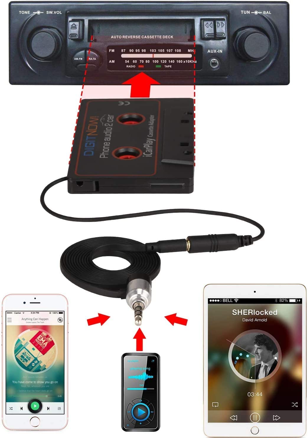 Audio Cassette To Aux Adapter, Car Cassette Tape Adapter 3.5mm Headphone  Jack Wide Support For MP3 