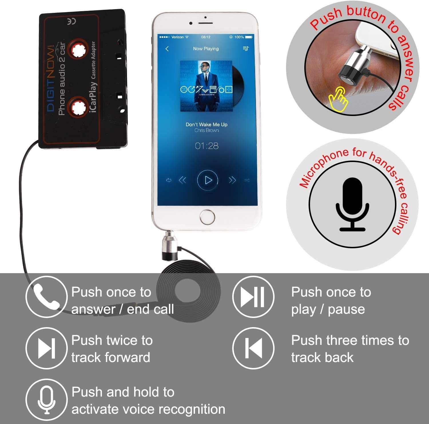 DIGITNOW Car Cassette Adapter to Play Smartphone Music Through Cassette Deck, Cassette Adapter Plug & Play, with Auxiliary Calling Microphone