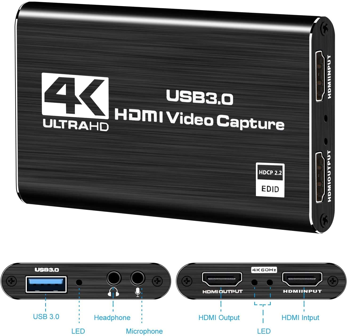 DIGITNOW 4K Audio Video Capture Card, HDMI USB 3.0 Video Capture Device, Full HD 1080P 60FPS for Game Recording, Live Streaming Broadcasting