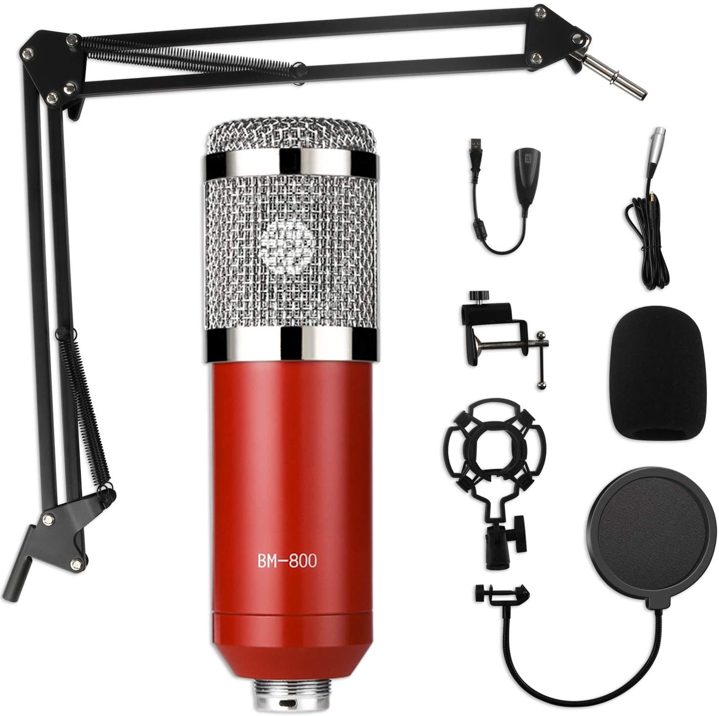 Rybozen Condenser Microphone Bundle Kit,Computer PC Cardioid Studio Mic Set with Mic Suspension Scissor Arm, Stand Shock Mount & Pop Filter for Instruments Voice Overs Recording & Broadcasting (Red)