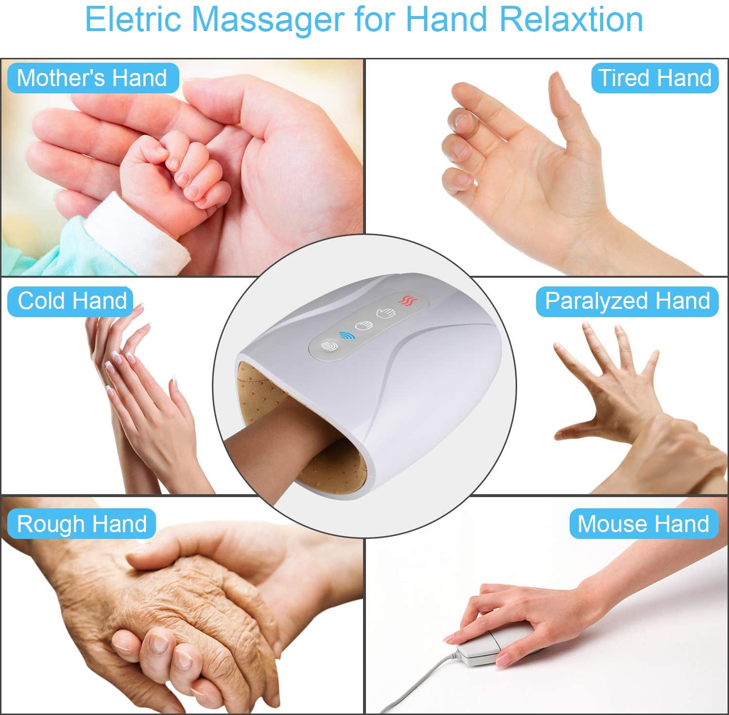 Cotsoco Electric Hand Massager for Palm Massage, Cordless Accupressure Massager with Air Pressure Compress/Heat/Rechargeable for Arthritis, Finger Numbness Coldness Relief