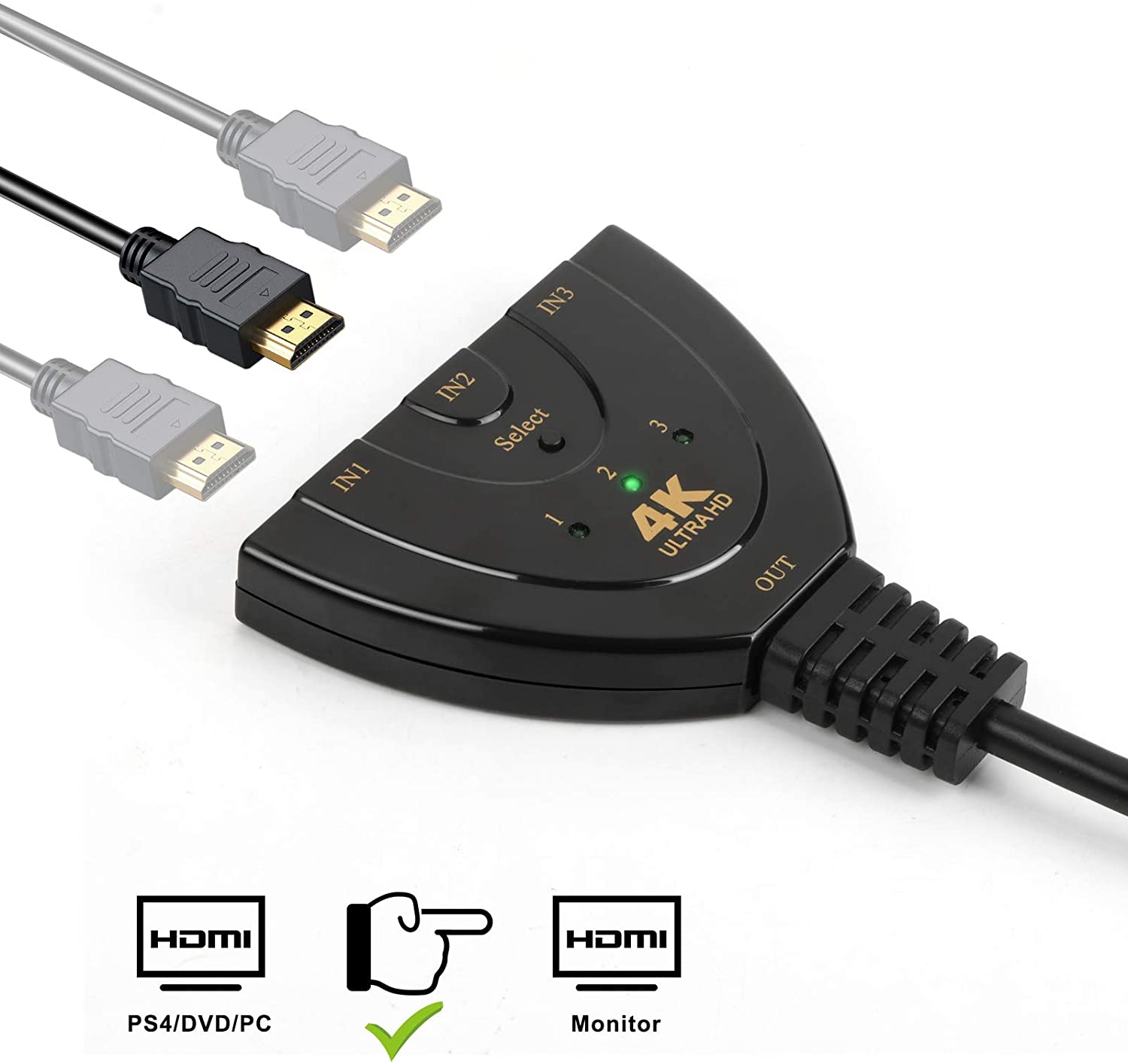 4K@60Hz HDMI Switch, 3 Port 4K HDMI Switcher 3x1 Switch HDMI Splitter  Pigtail Cable Supports Full HD 4K 1080P 3D Player 