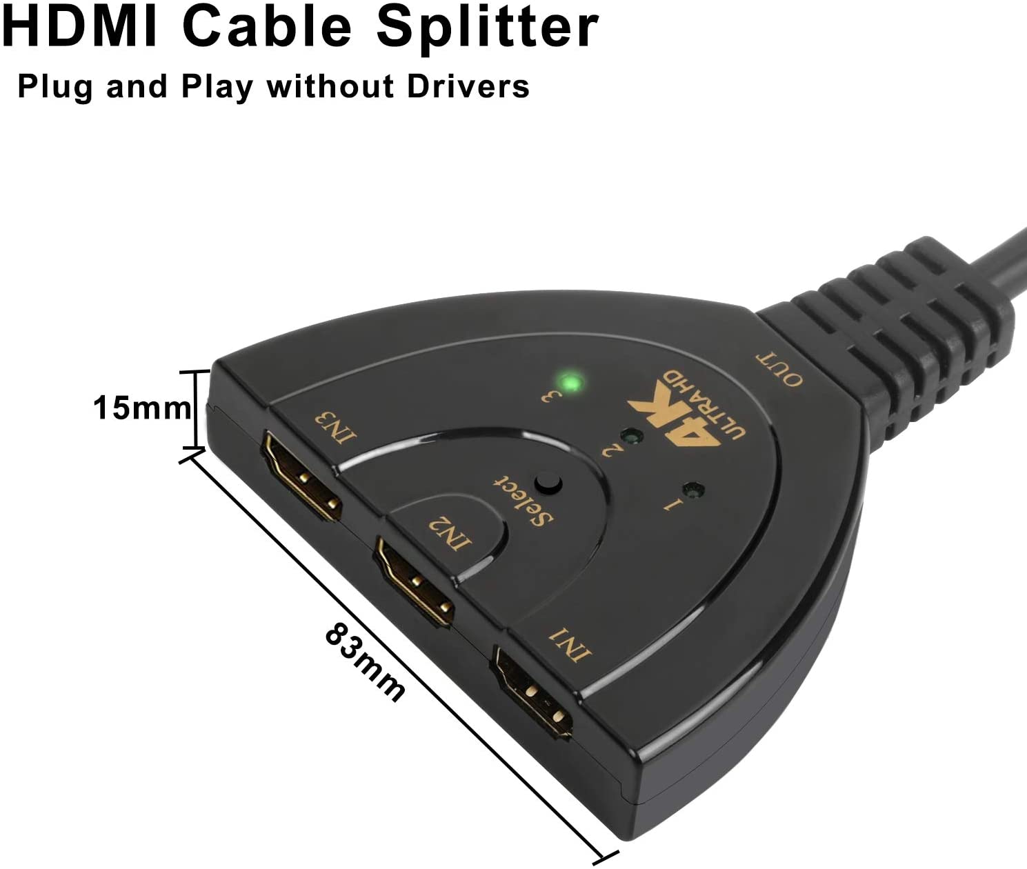 Rybozen HDMI Switch 4K, Rybozen 3 Port HDMI Switcher 3 in 1 Out HDMI Splitter with High Speed Pigtail Cable,Supports Full HD 1080P 3D Player,for Xbox PS4 Roku Blu-Ray Player HDTV