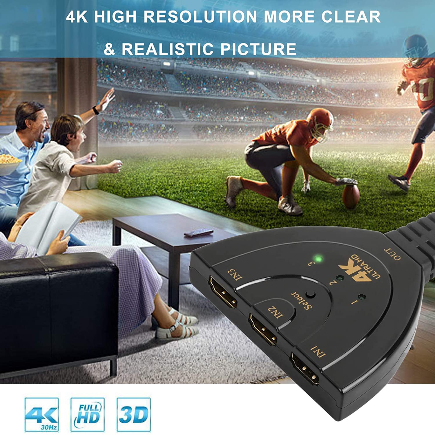 Rybozen HDMI Switch 4K, Rybozen 3 Port HDMI Switcher 3 in 1 Out HDMI Splitter with High Speed Pigtail Cable,Supports Full HD 1080P 3D Player,for Xbox PS4 Roku Blu-Ray Player HDTV