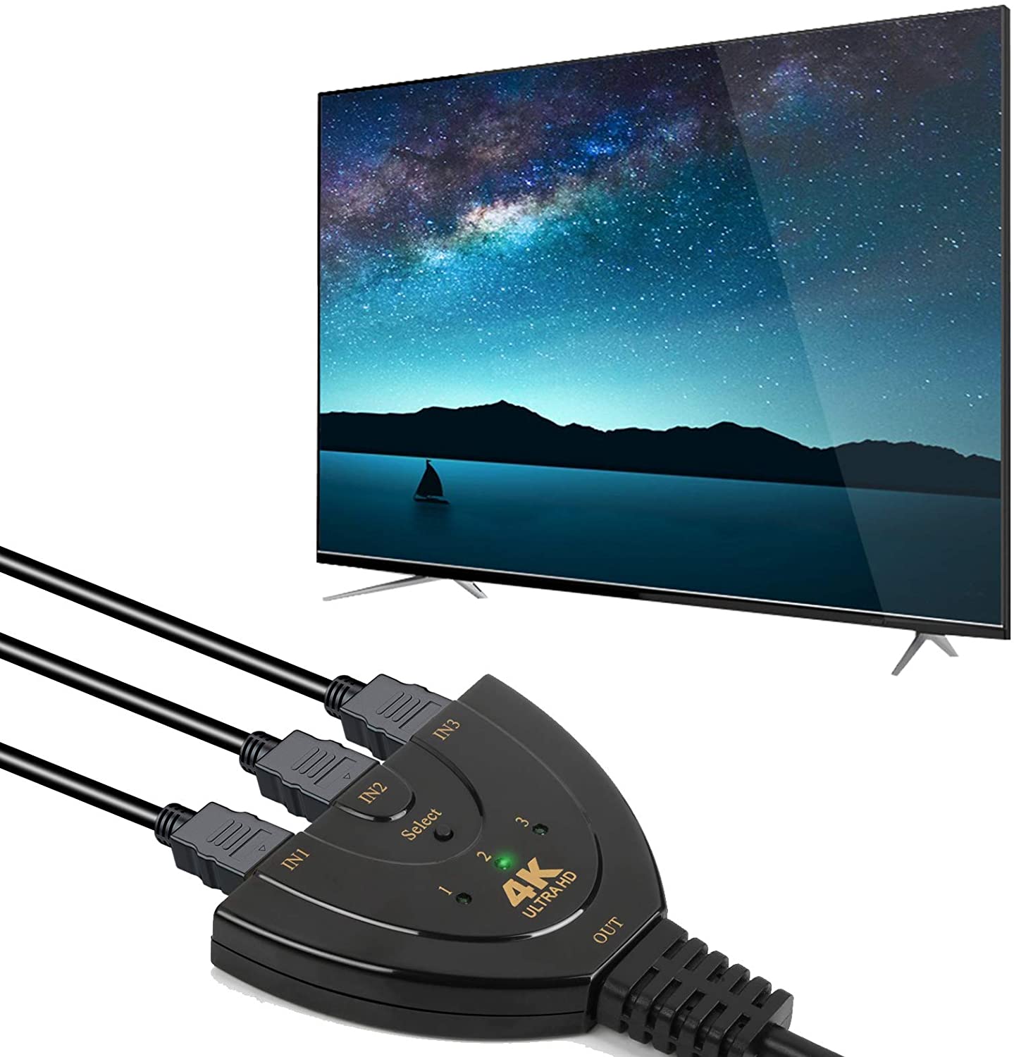Rybozen HDMI Switch 4K, Rybozen 3 Port HDMI Switcher 3 in 1 Out HDMI Splitter with High Speed Pigtail Cable,Supports Full HD 1080P 3D Player,for Xbox PS4 Roku Blu-Ray Player HDTV