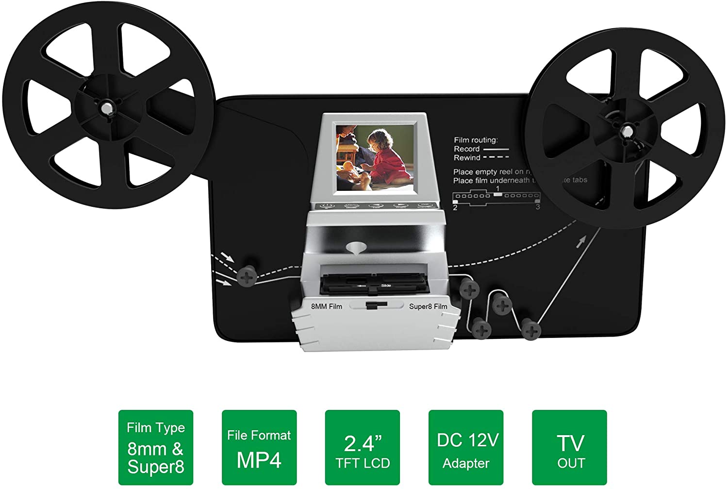8mm & Super 8 Film to Digital Converter, Film Scanner Digitizer with 2.4" Screen, Convert 3” 5” 7” 9” Reels into 1080P Digital MP4 Files,Sharing & Saving on 32GB SD Card