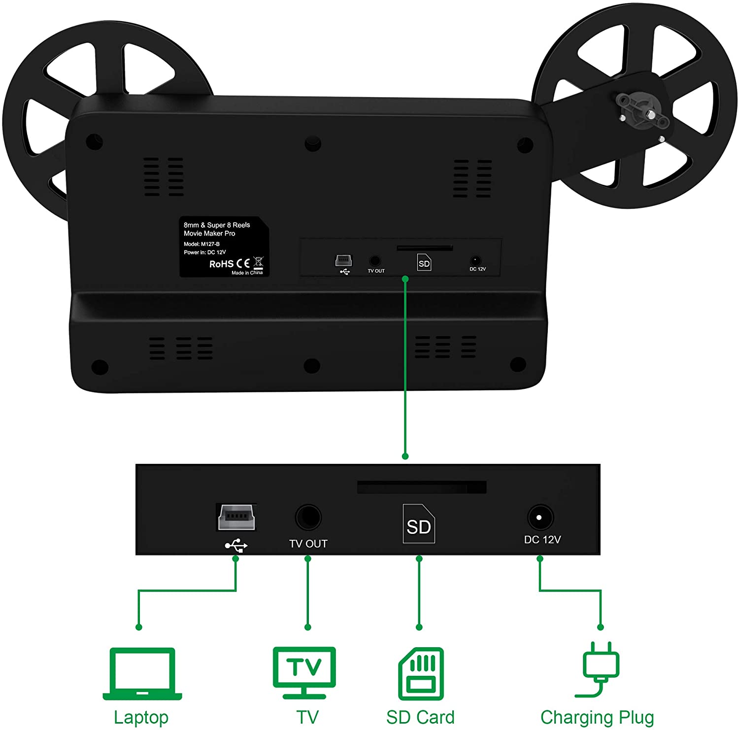 8mm & Super 8 Film to Digital Converter, Film Scanner Digitizer with 2.4" Screen, Convert 3” 5” 7” 9” Reels into 1080P Digital MP4 Files,Sharing & Saving on 32GB SD Card