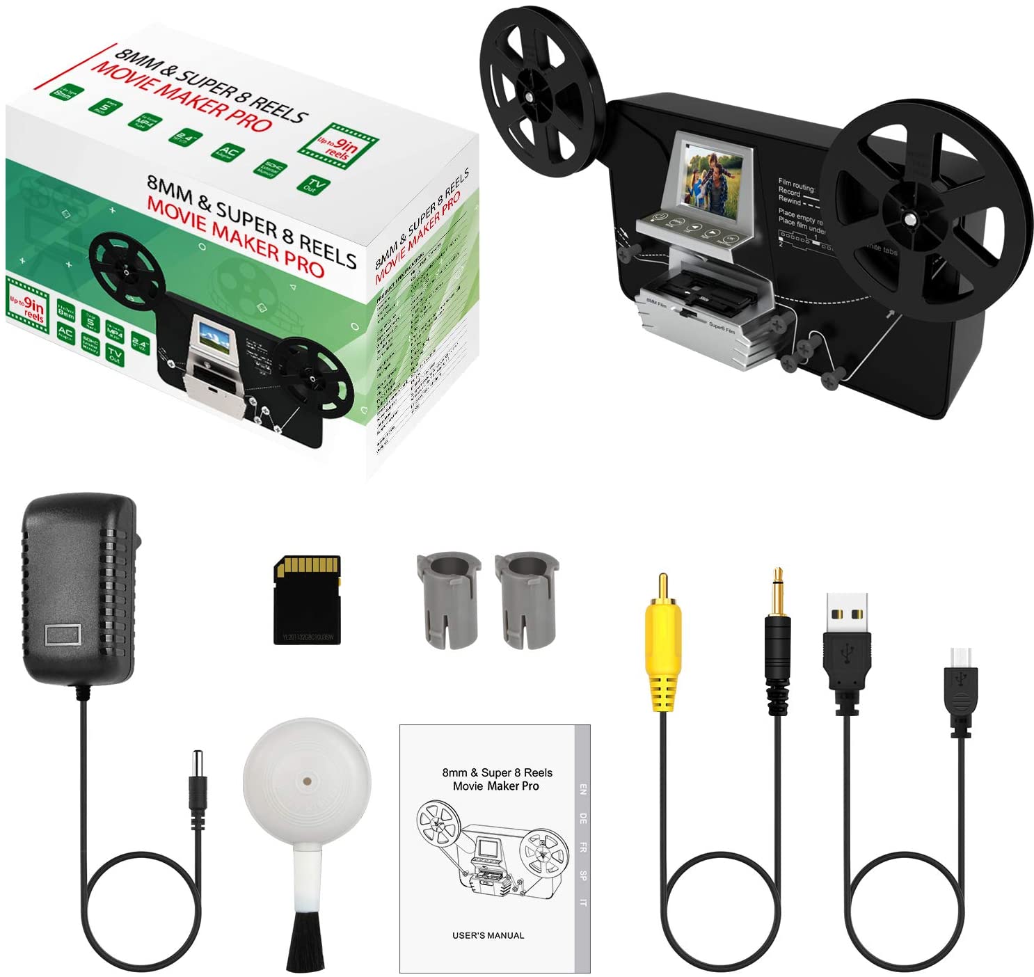 8mm & Super 8 Film to Digital Converter, Film Scanner Digitizer with 2.4" Screen, Convert 3” 5” 7” 9” Reels into 1080P Digital MP4 Files,Sharing & Saving on 32GB SD Card