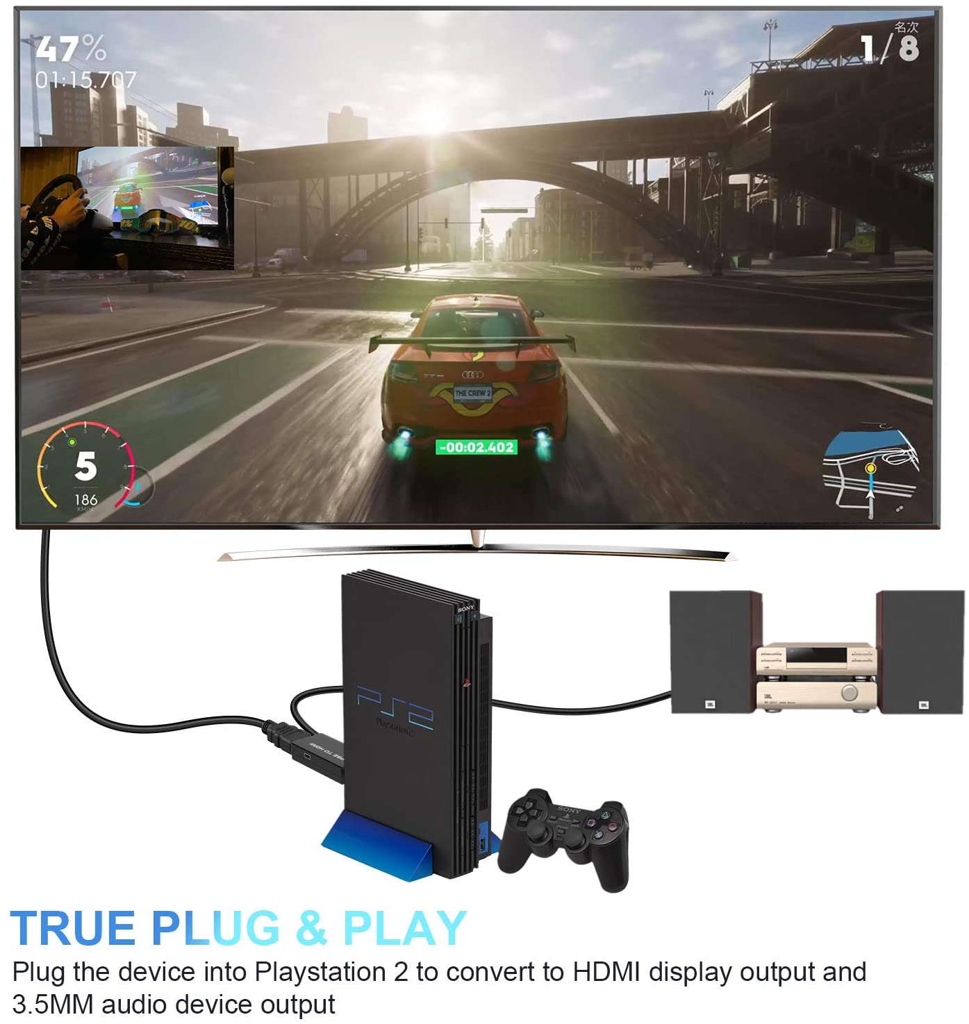 PS2 to HDMI Converter Adapter, Rybozen PS2 to HDMI Video Converter with 3.5mm Audio Output Cable for HDTV HDMI Monitor AV to HDMI Signal Transfer Adapter, Supports All Playstation 2 Display Modes