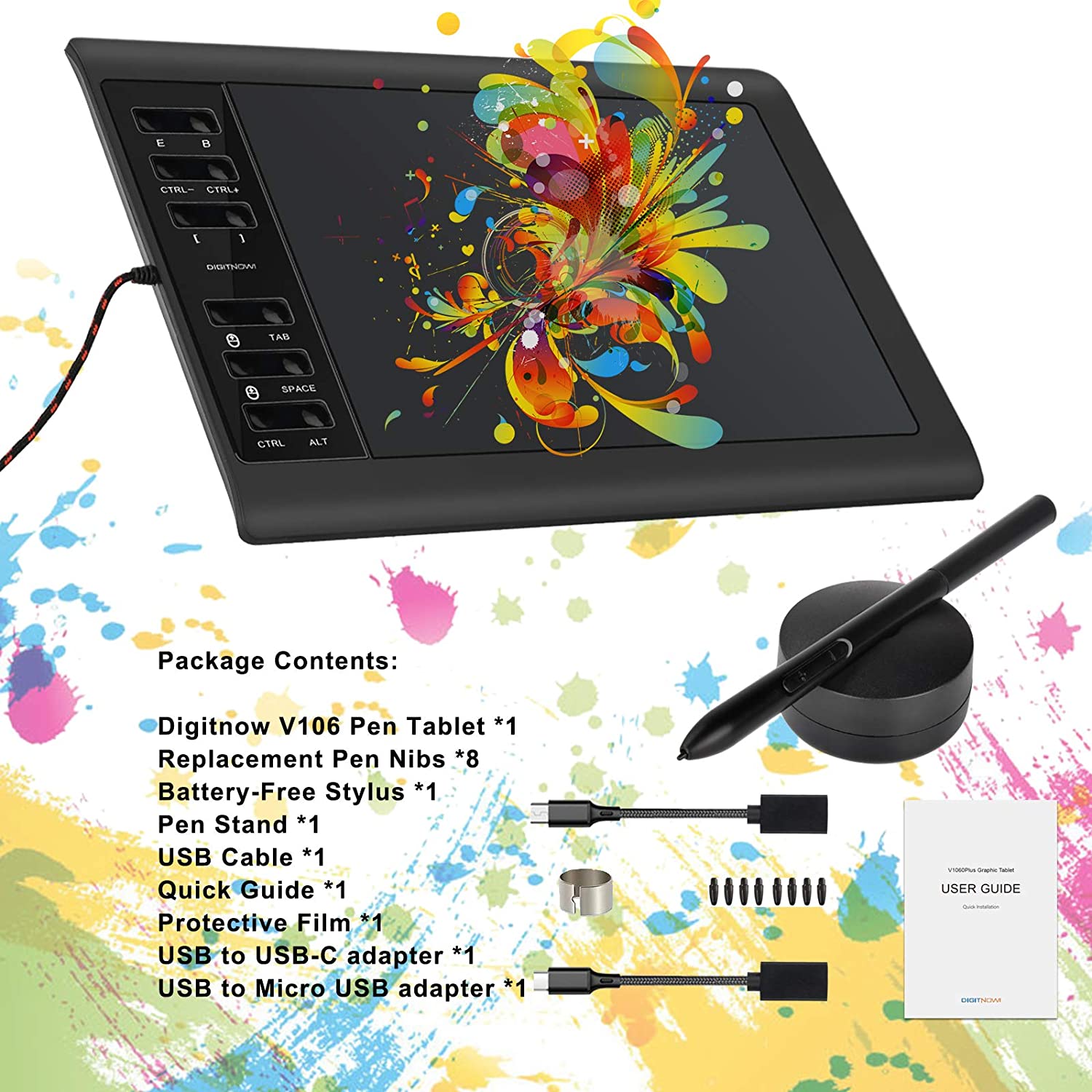DIGITNOW 10 x 6.25 Inch Digital Graphics Drawing Tablets, Ultrathin Computer Drawing Pen Display Tablet with Battery-Free Stylus & 12 Shortcut Keys (8192 Levels Pressure Sensitive)