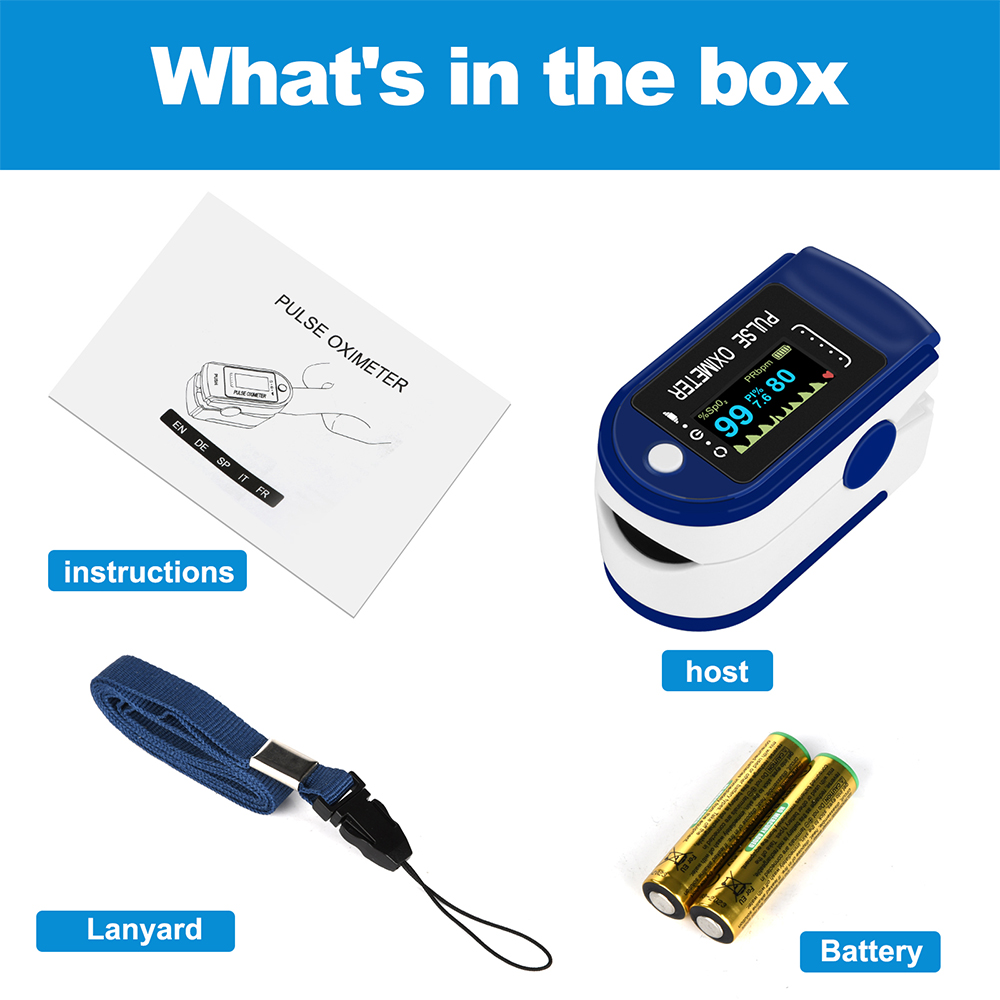 Fingertip Pulse Oximeter, Blood Oxygen Saturation Monitor,Heart Rate Monitor with Batteries, Lanyard, and Warranty (Blue)