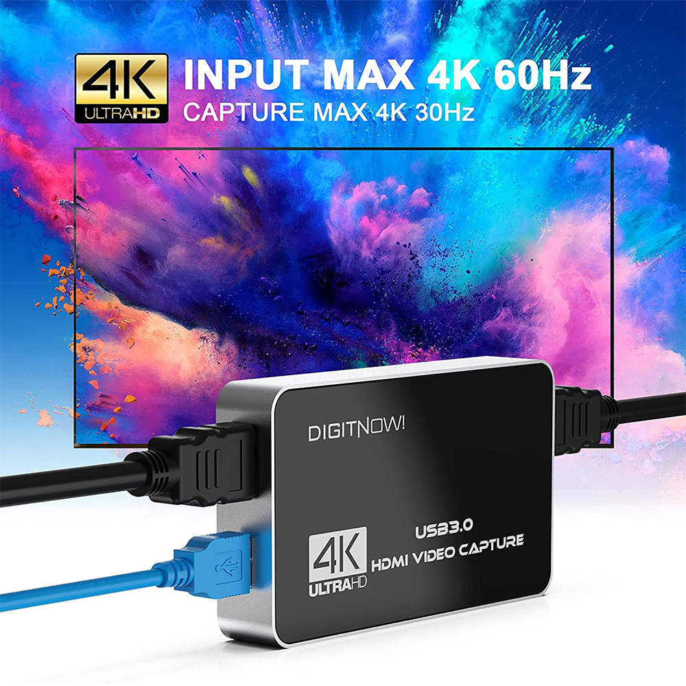 DIGITNOW 4K HDMI Video Capture Card, USB 3.0 with Microphone and Earphone HDMI Loop-Out, 4k 60Hz Video Recorder for Broadcast Live, Record via DSLR, Camcorder, or Action Cam