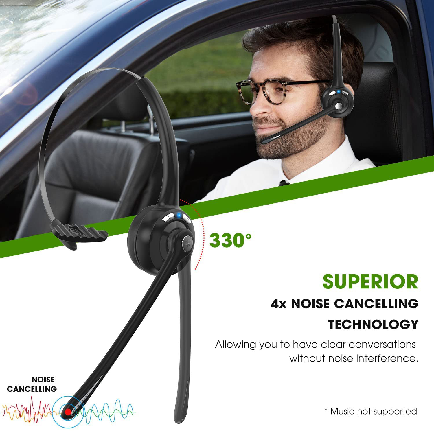 Motorenbau Trucker Bluetooth Headset 5.0 with Microphone, Wireless Headphones with CVC 6.0 Noise Canceling Mic, Wireless Cell Phone Headset Mute Button for Laptop PC Home Office Call Center Skype