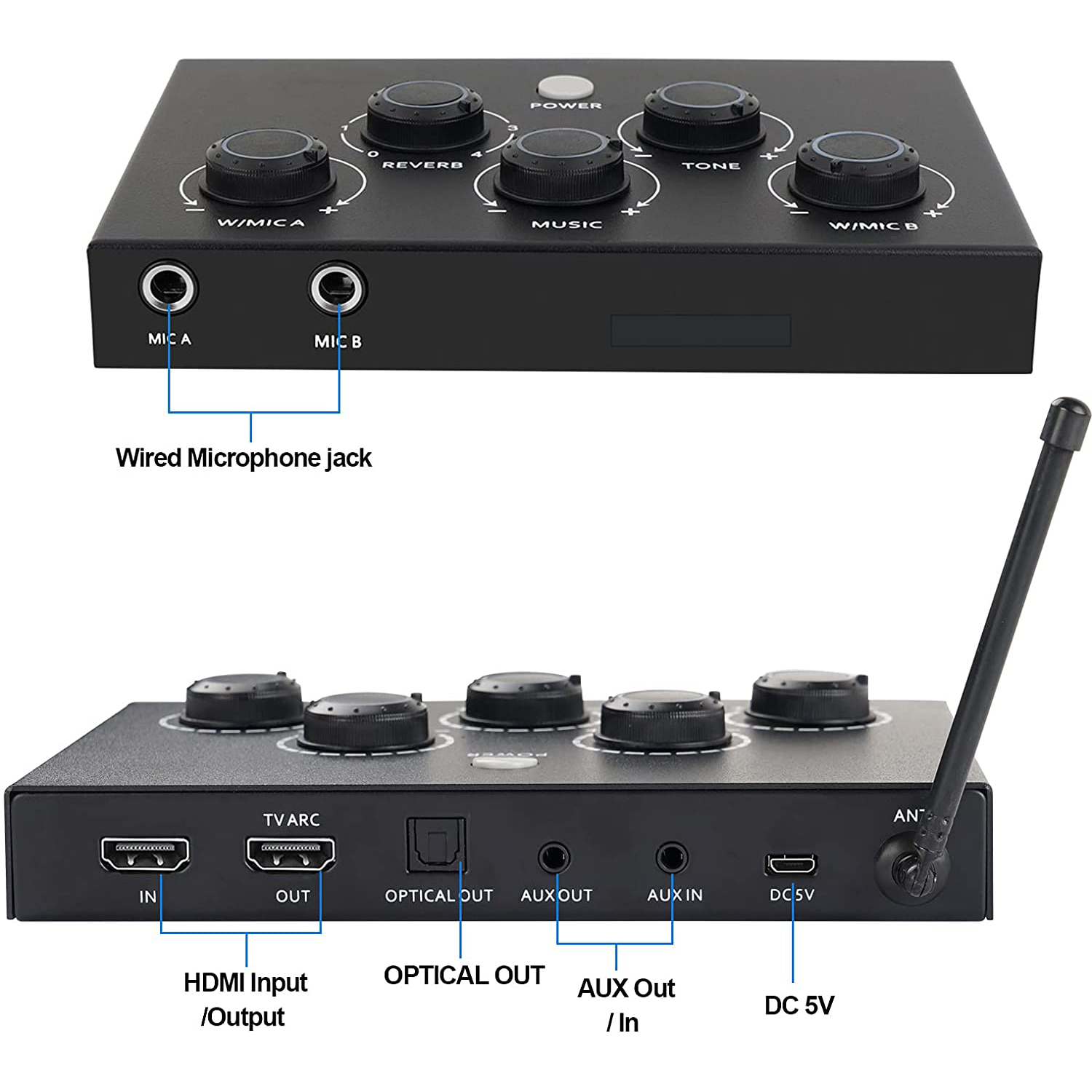 Portable Karaoke Microphone Mixer System Set, with Dual UHF Wireless Mic, HDMI-ARC / Optical / AUX & HDMI in/Out in Singing Receiver for Smart TV, PC, KTV, Home Theater, Amplifier, Speaker