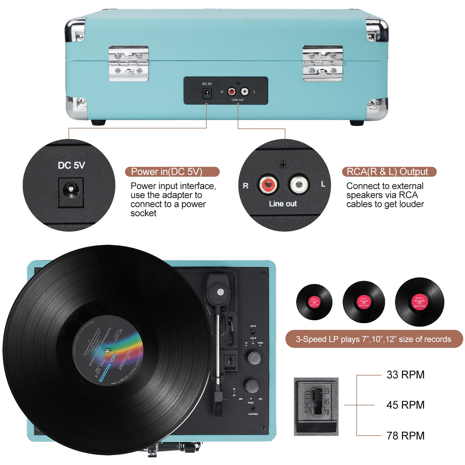  Vinyl Player Vintage, Bluetooth Portable Suitcase