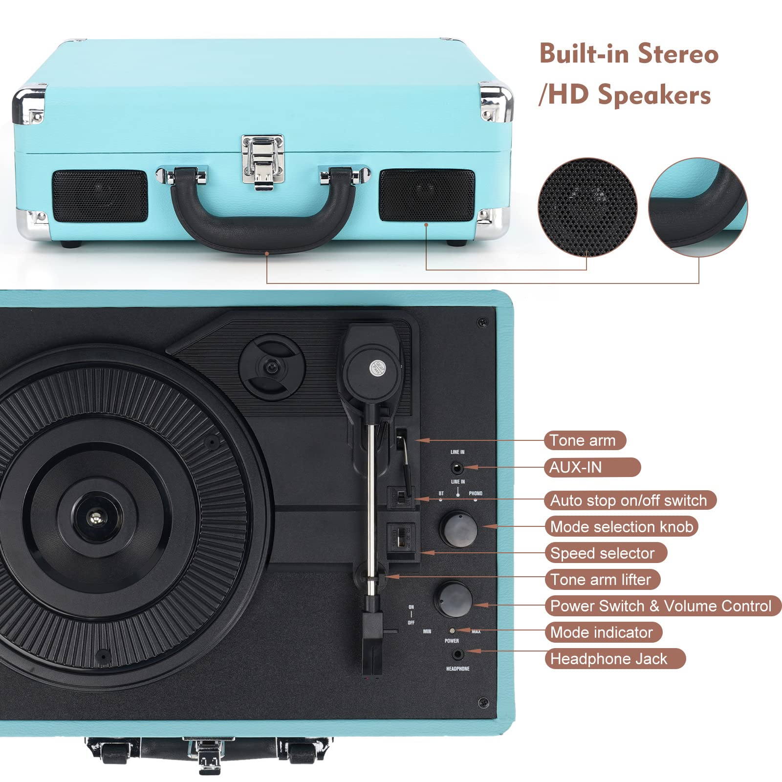 Suitcase　Vintage　Vinyl　Built-in　Speakers,　Bluetooth　Turntable　Stylus/RCA　with　IN-　Suitcase-DIGITNOW!　Record　Includes　3-Speed　Extra　Player　Out/AUX　Wireless　Portable