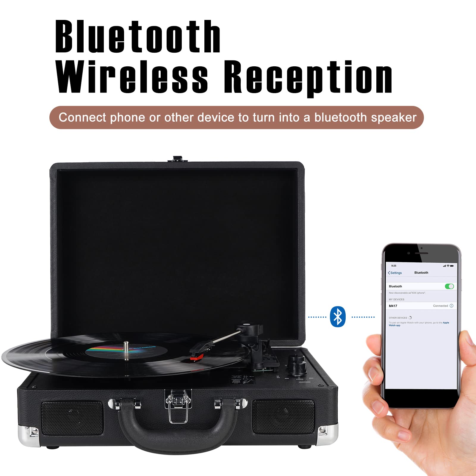 Vinyl Record Player Wireless Turntable Bluetooth 3-Speed Portable Vintage Suitcase with Built-in Speakers, Includes Extra Stylus/RCA Out/AUX IN