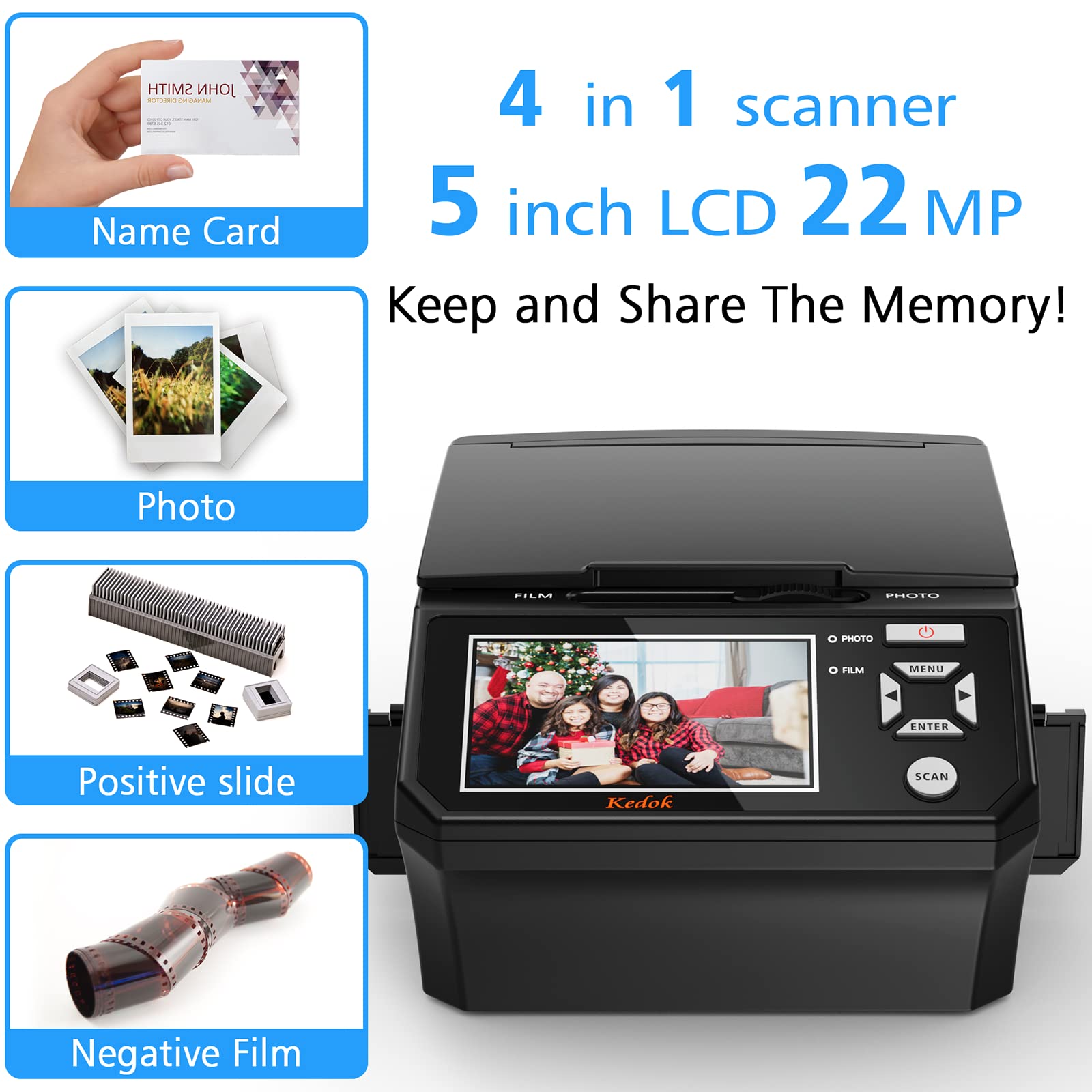Photo,NameCard,Slide & Negative Scanner with Large 5" LCD Screen,Film and Slide Digitizer-Convert 35mm,110 Film/Photo(3R,4R,5R)/NameCard to 22MP Digital JPEG-8GB SD Card Included