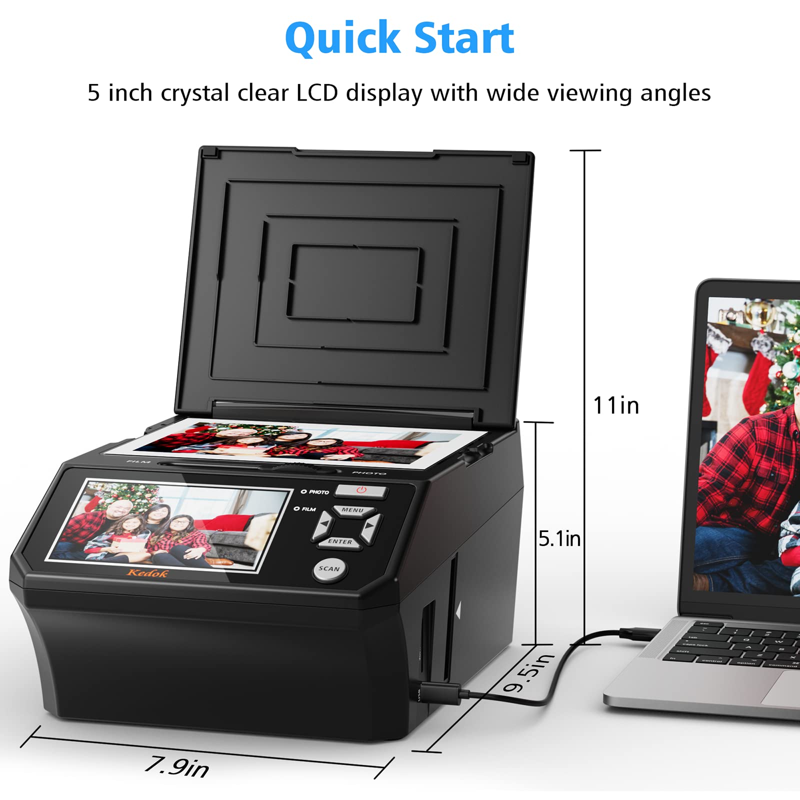Photo,NameCard,Slide & Negative Scanner with Large 5" LCD Screen,Film and Slide Digitizer-Convert 35mm,110 Film/Photo(3R,4R,5R)/NameCard to 22MP Digital JPEG-8GB SD Card Included