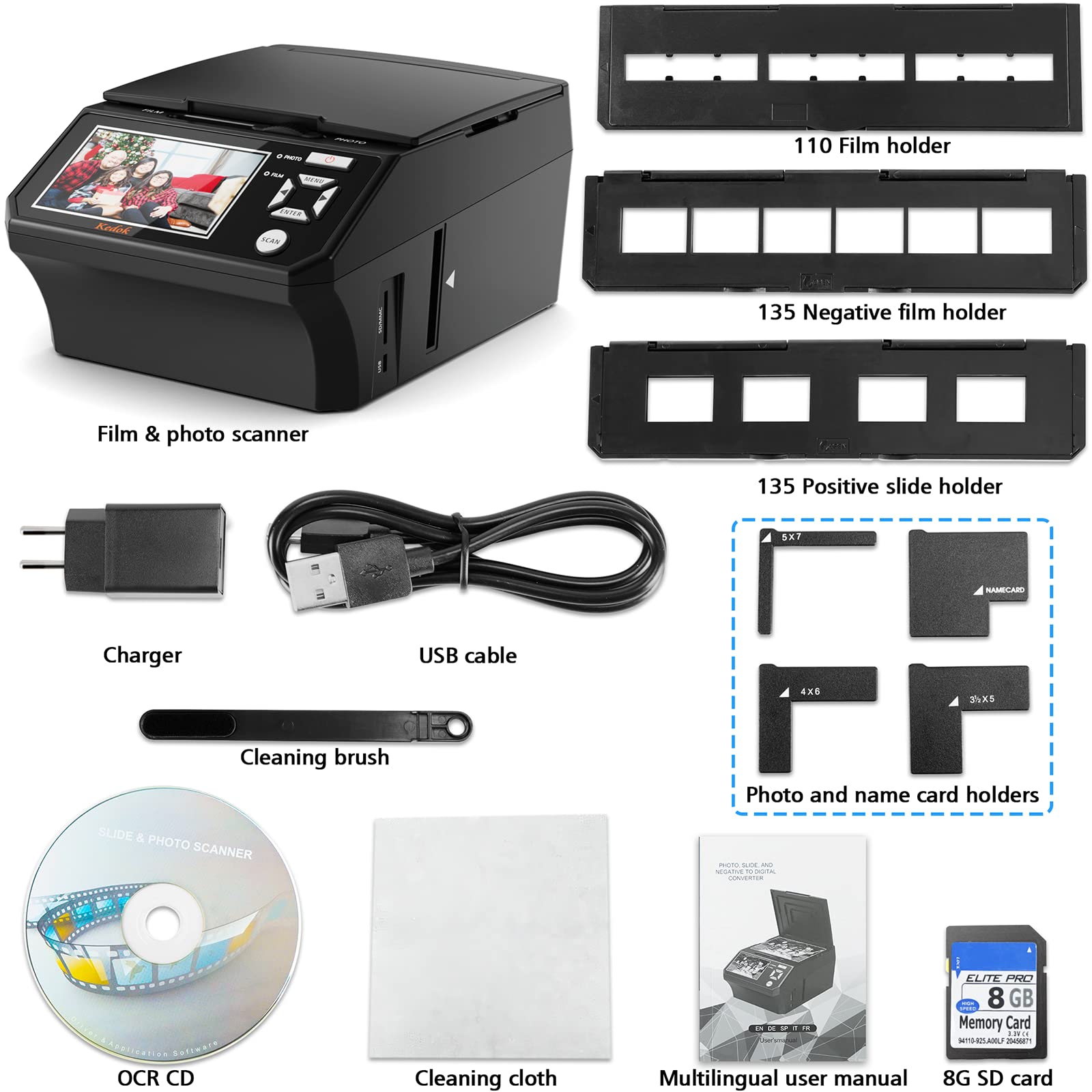 Photo,NameCard,Slide & Negative Scanner with Large 5" LCD Screen,Film and Slide Digitizer-Convert 35mm,110 Film/Photo(3R,4R,5R)/NameCard to 22MP Digital JPEG-8GB SD Card Included