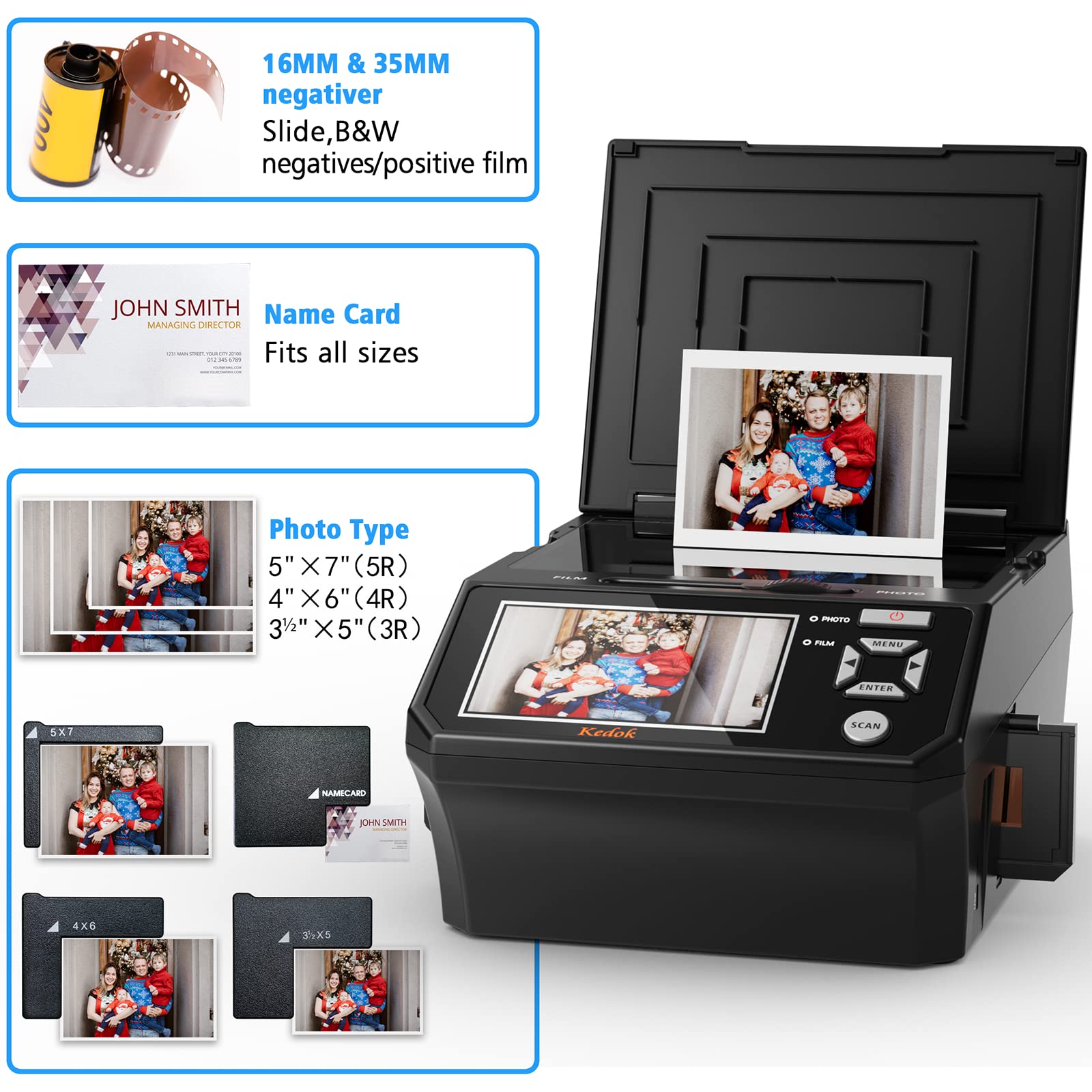 Photo,NameCard,Slide & Negative Scanner with Large 5" LCD Screen,Film and Slide Digitizer-Convert 35mm,110 Film/Photo(3R,4R,5R)/NameCard to 22MP Digital JPEG-8GB SD Card Included