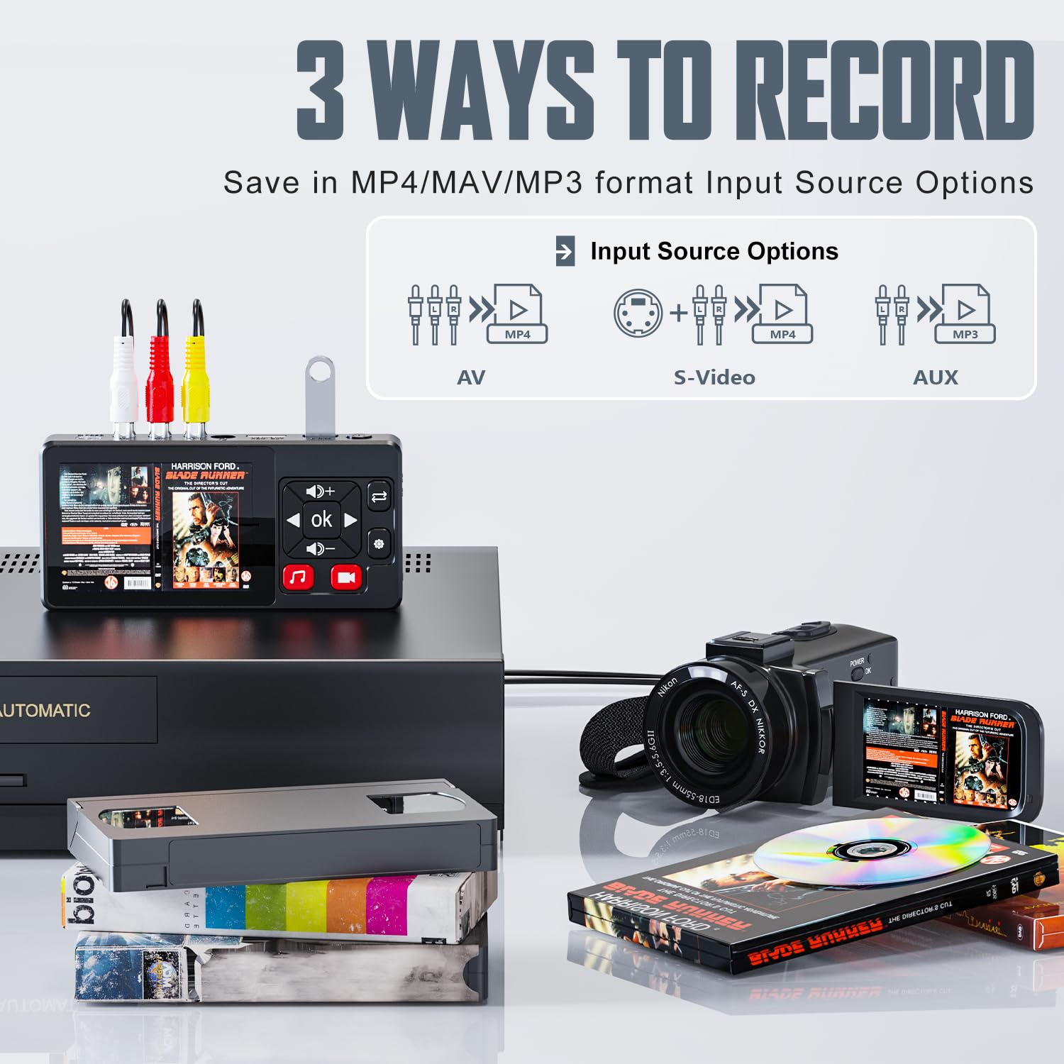 Video to Digital Converter 2.0, VHS to Digital Converter Recorder with Remote, Convert Record Video Audio from VHS, VCR, DVR, DVD, Hi8, Mini DV Players, Camcorder, Gaming Consoles(Players Needed)