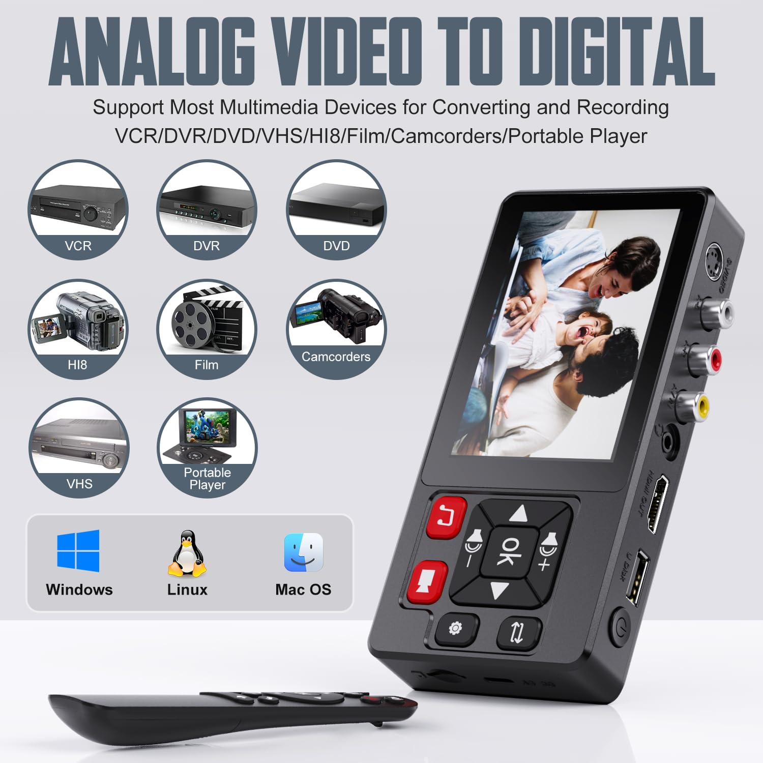 Video to Digital Converter 2.0, VHS to Digital Converter Recorder with Remote, Convert Record Video Audio from VHS, VCR, DVR, DVD, Hi8, Mini DV Players, Camcorder, Gaming Consoles(Players Needed)