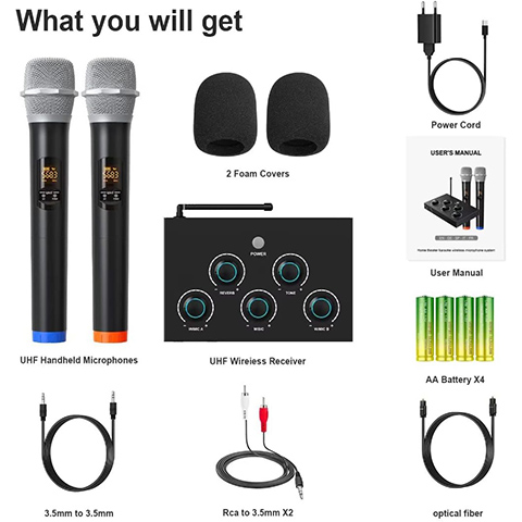 Portable Karaoke Microphone Mixer System Set, with Dual UHF Wireless Mic, HDMI-ARC / Optical / AUX & HDMI in/Out in Singing Receiver for Smart TV, PC, KTV, Home Theater, Amplifier, Speaker