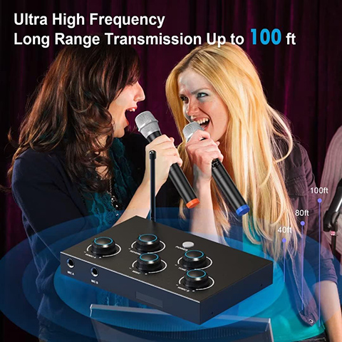 Portable Karaoke Microphone Mixer System Set, with Dual UHF Wireless Mic, HDMI-ARC / Optical / AUX & HDMI in/Out in Singing Receiver for Smart TV, PC, KTV, Home Theater, Amplifier, Speaker