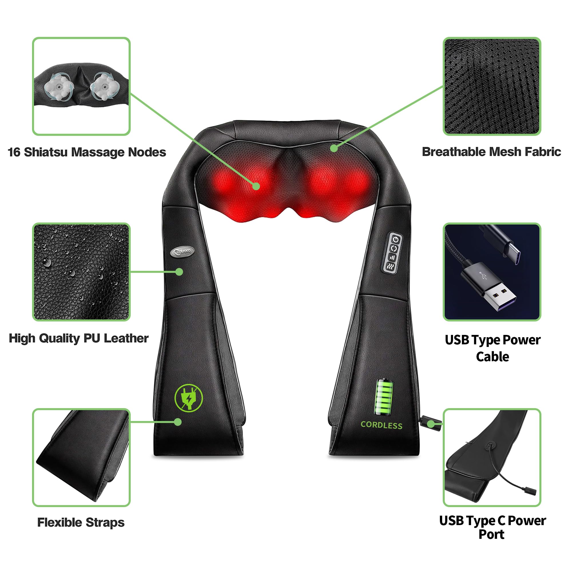 cotsoco Cordless Shiatsu Neck and Shoulder Massager with Heat,Portable Massagers for Neck and Back,3D Deep Tissue Kneading Back Massager for Muscle Pain Relief,Perfect Gifts for Men and Woman(M861B)